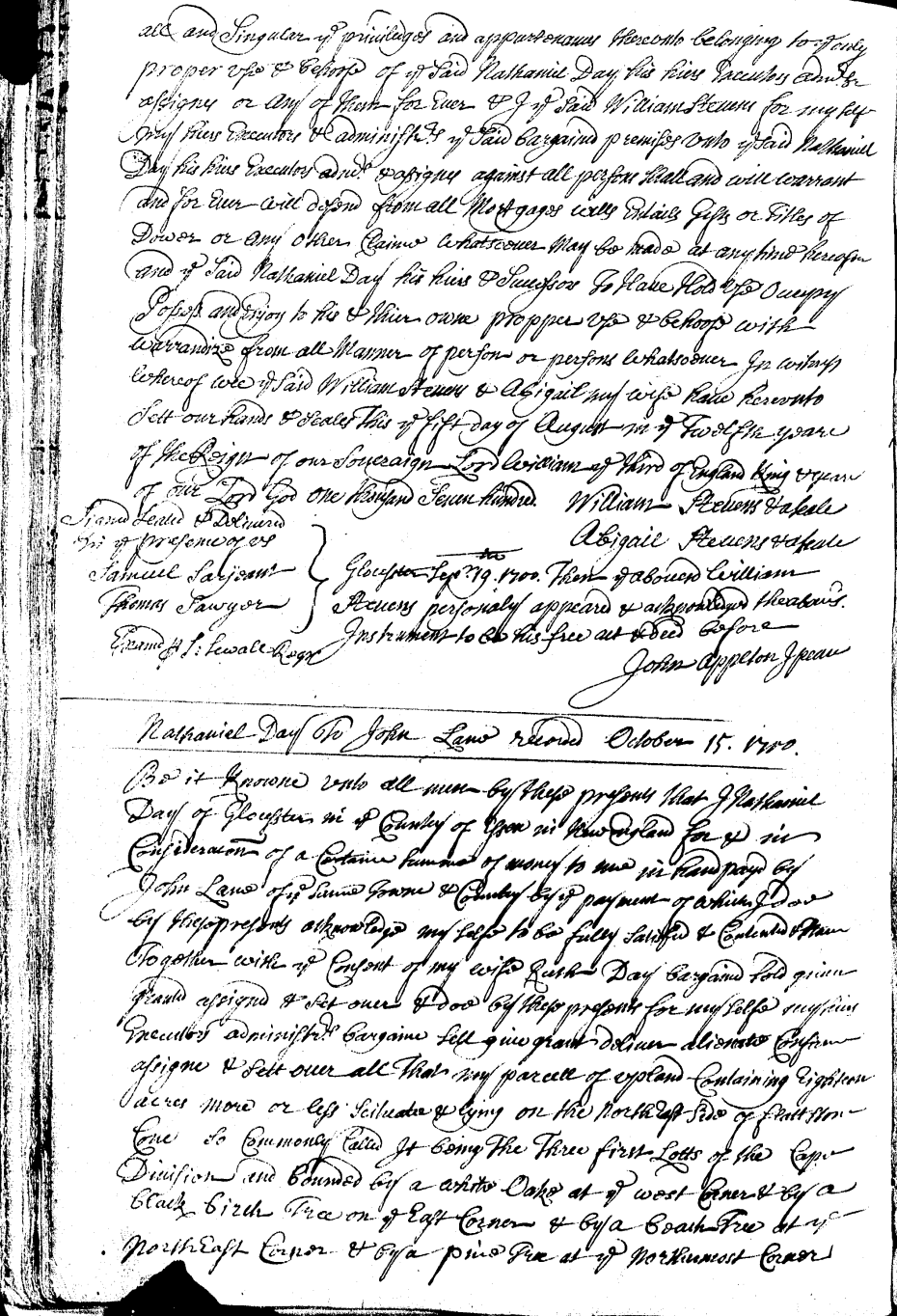 deed nathaniel day to john lane. bk 14 pg 42-43 july 29, 1700 flatstone cove