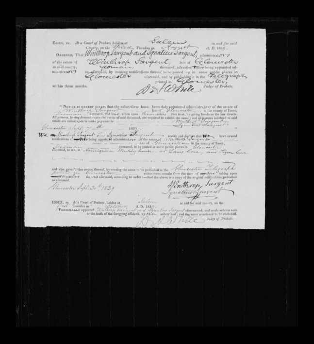 pg 10 winthrop sargent essex county, ma, 24714 probate file papers 1839
