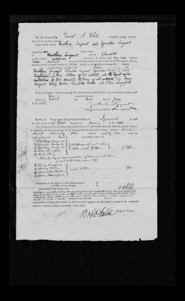 pg 15 winthrop sargent essex county, ma, 24714 probate file papers 1839