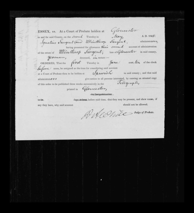 pg 2 winthrop sargent essex county, ma, 24714 probate file papers 1839
