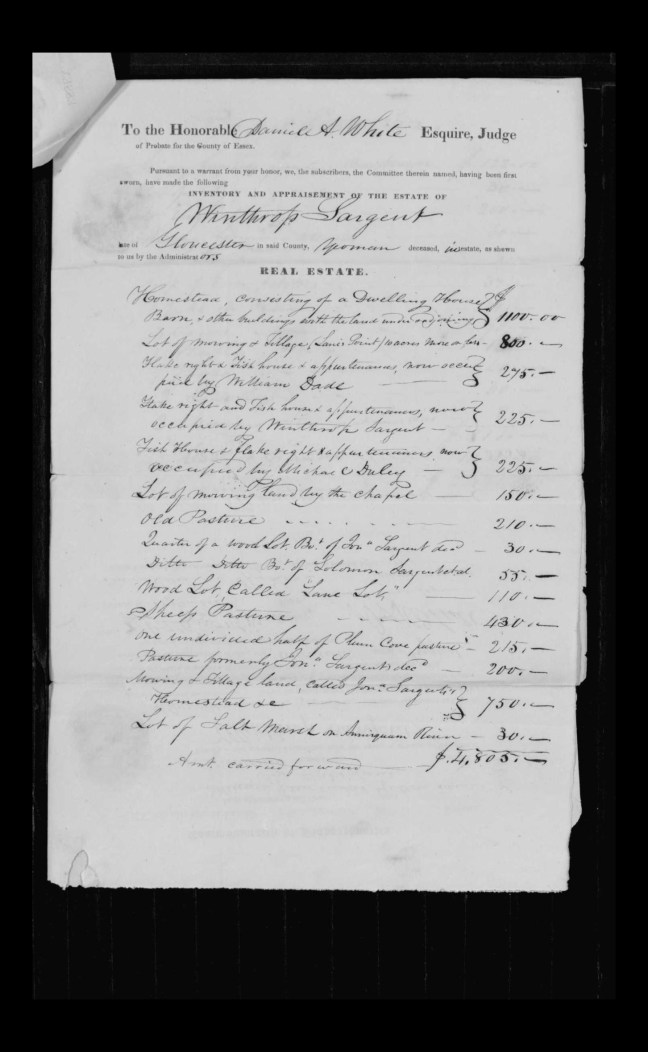 pg 22 winthrop sargent essex county, ma, 24714 probate file papers 1839