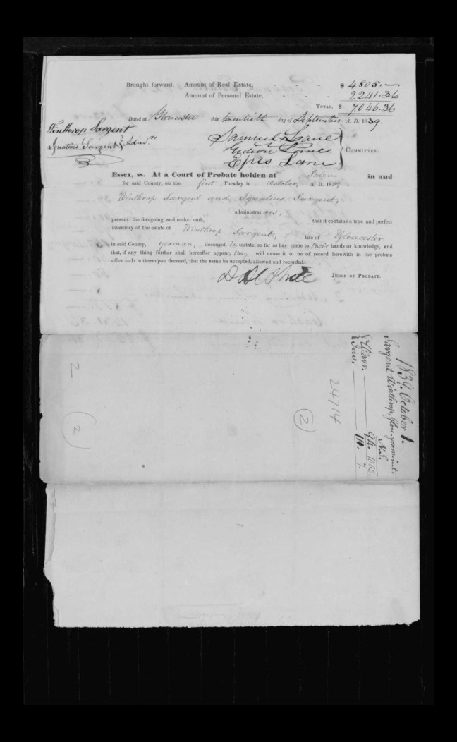 pg 24 winthrop sargent essex county, ma, 24714 probate file papers 1839