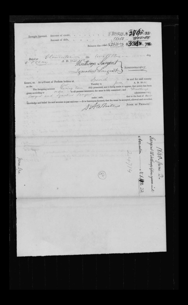 pg 27 winthrop sargent essex county, ma, 24714 probate file papers 1839