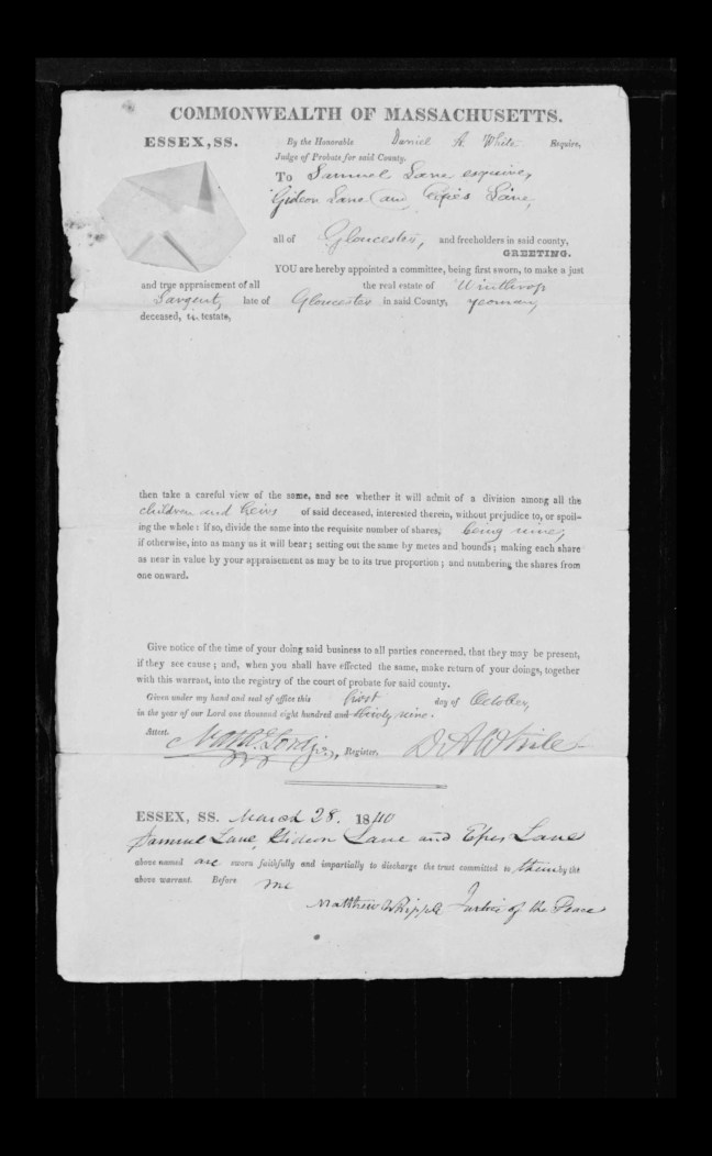 pg 28 winthrop sargent essex county, ma, 24714 probate file papers 1839