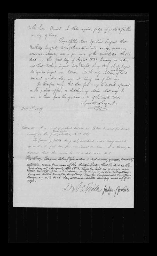 pg 29 winthrop sargent essex county, ma, 24714 probate file papers 1839