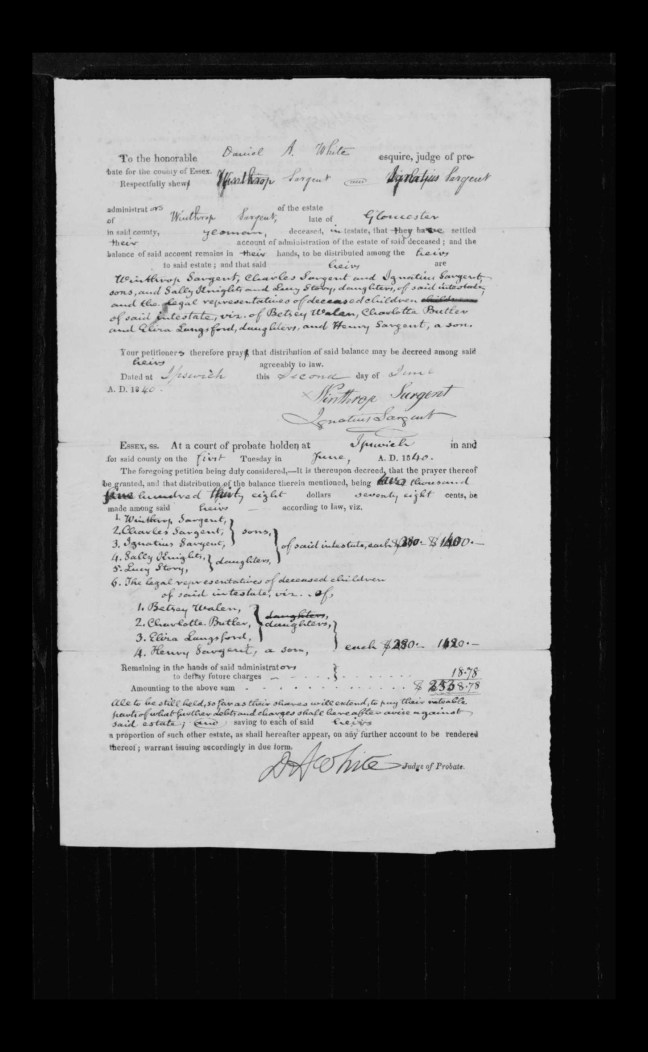 pg 31 winthrop sargent essex county, ma, 24714 probate file papers 1839