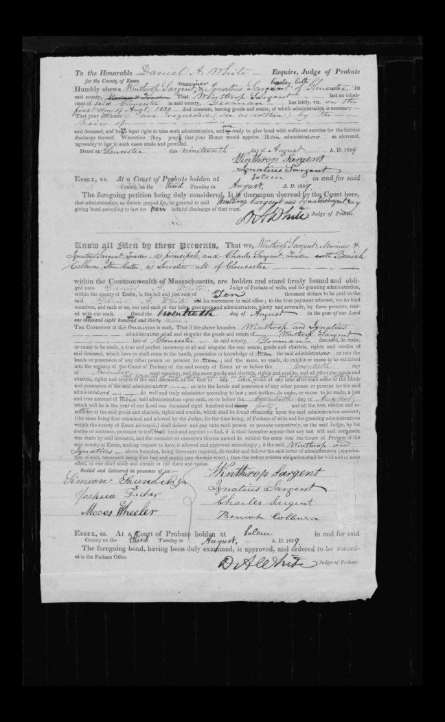 pg 33 winthrop sargent essex county, ma, 24714 probate file papers 1839