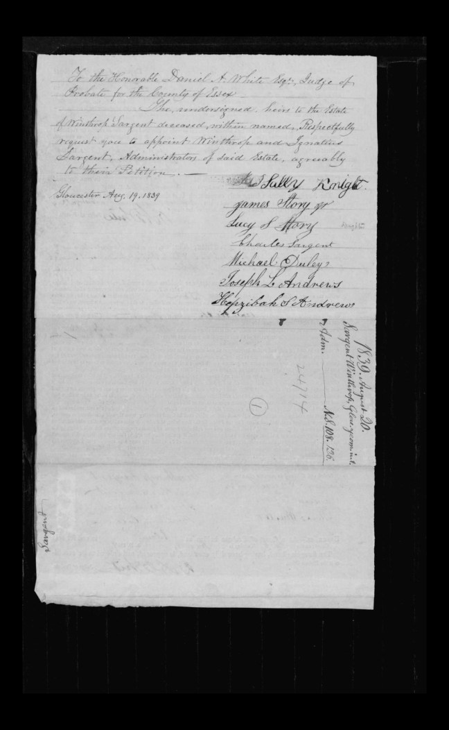 pg 34 winthrop sargent essex county, ma, 24714 probate file papers 1839