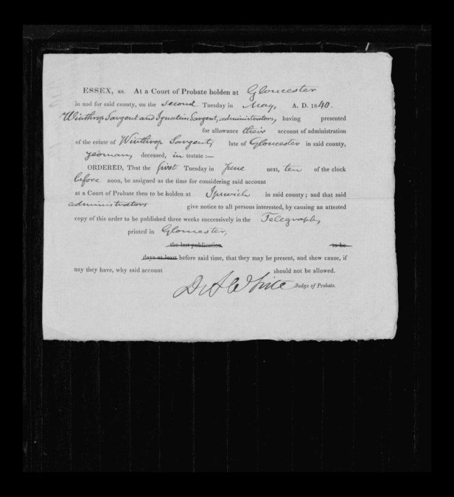 pg 8 winthrop sargent essex county, ma, 24714 probate file papers 1839